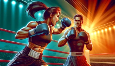 dall·e 2024 04 08 22.13.39 create an illustration in a dynamic style that shows a fierce female boxer fighting against a male boxer who is smirking. the scene is set in a boxing