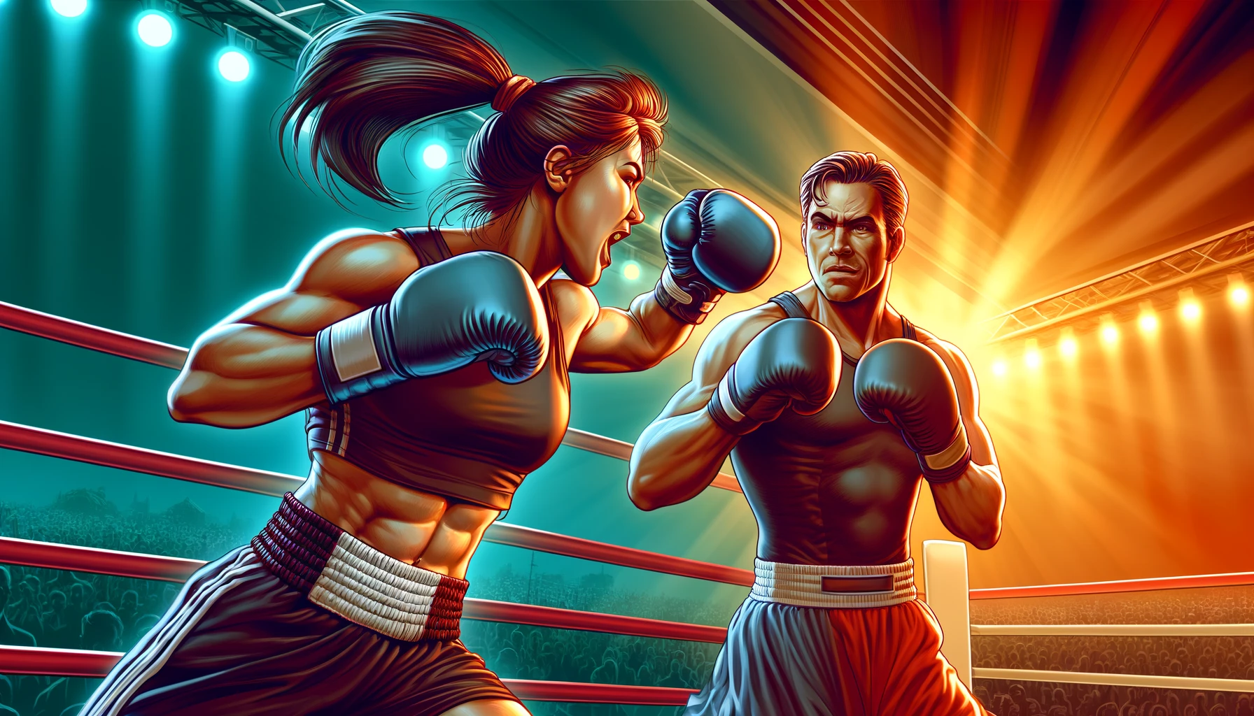 dall·e 2024 04 08 22.13.39 create an illustration in a dynamic style that shows a fierce female boxer fighting against a male boxer who is smirking. the scene is set in a boxing