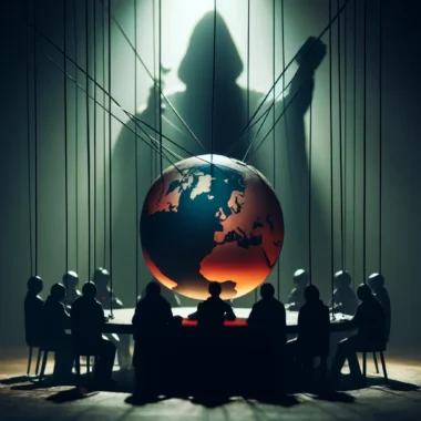dall·e 2024 04 15 14.05.03 a conceptual art piece in a 16 9 format depicting the themes of manipulation and control by a global elite. the image should show shadowy figures arou