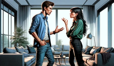 dall·e 2024 04 16 15.14.21 a detailed illustration depicting a heated discussion between a young man and a woman in a modern living room setting. the man, in his mid 20s, is tal