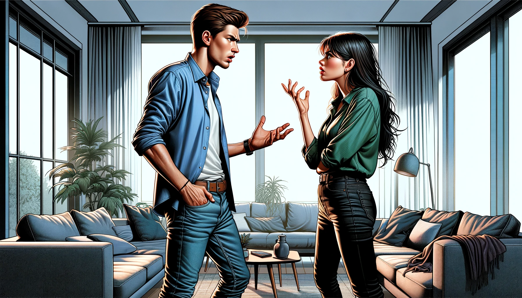 dall·e 2024 04 16 15.14.21 a detailed illustration depicting a heated discussion between a young man and a woman in a modern living room setting. the man, in his mid 20s, is tal