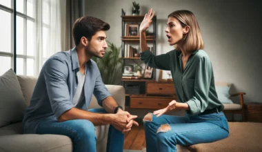 dall·e 2024 04 16 15.26.35 a heated discussion between a young man and a woman in a living room setting. the man is trying to calm the situation, gesturing with one hand raised