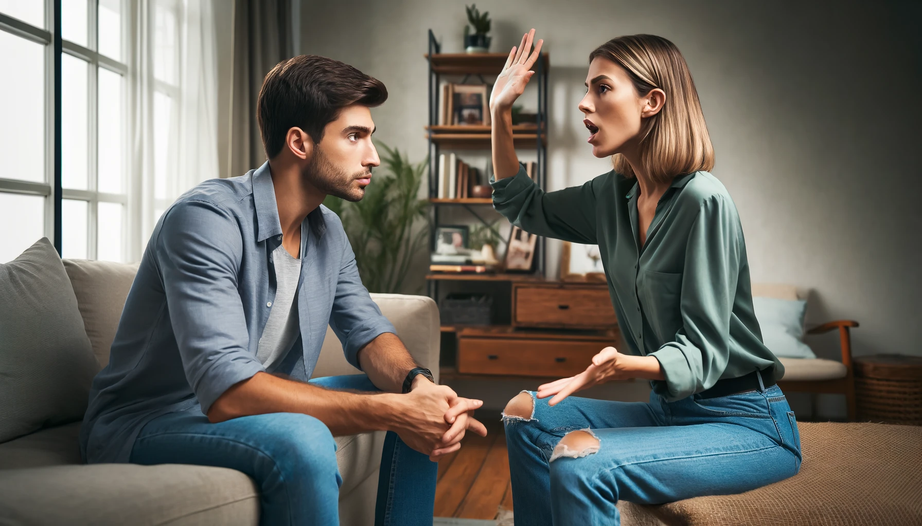 dall·e 2024 04 16 15.26.35 a heated discussion between a young man and a woman in a living room setting. the man is trying to calm the situation, gesturing with one hand raised