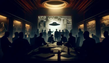 dall·e 2024 04 16 21.11.24 a wide 16 9 illustration depicting a dramatic, secretive scene of government officials in a dimly lit room, viewing a large, obscured monitor displayi