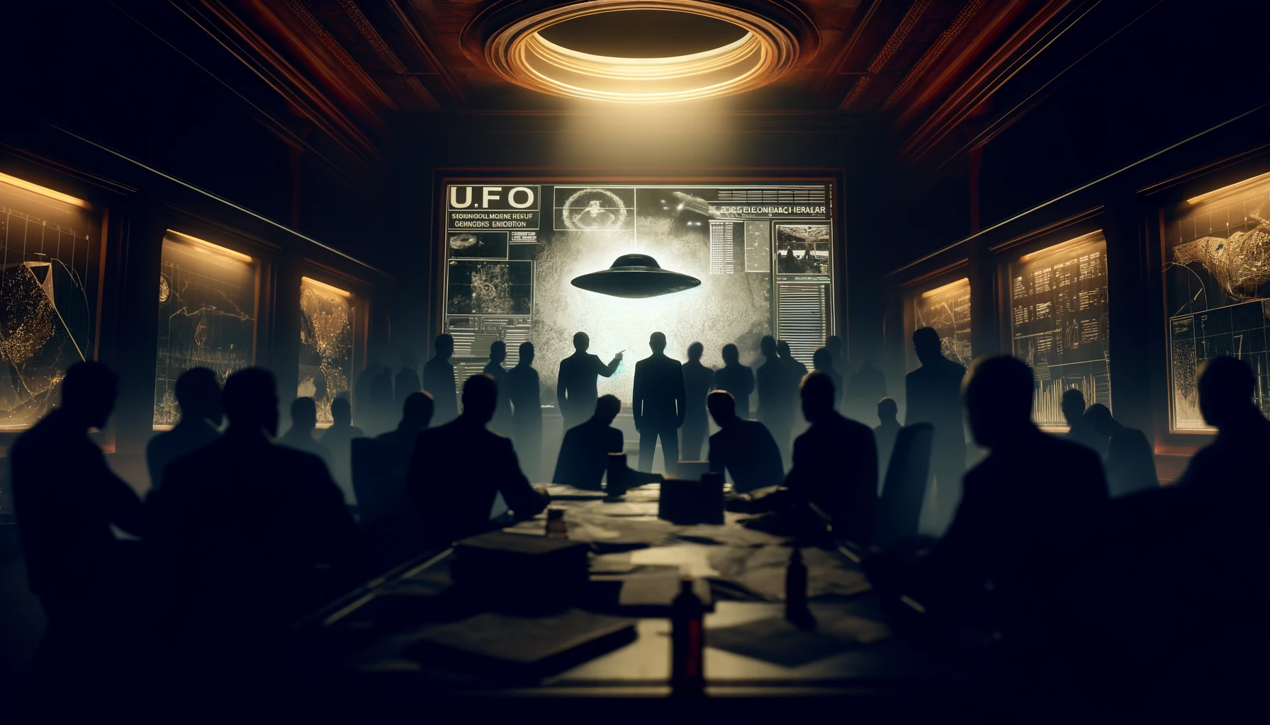 dall·e 2024 04 16 21.11.24 a wide 16 9 illustration depicting a dramatic, secretive scene of government officials in a dimly lit room, viewing a large, obscured monitor displayi