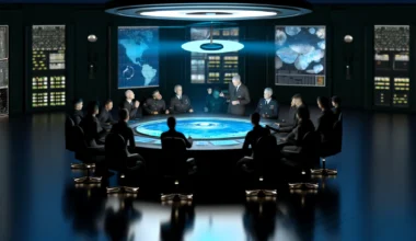 dall·e 2024 04 16 21.29.35 a digital illustration in a 16 9 format depicting a secretive meeting in a dimly lit, futuristic command center. around a holographic table, diverse g