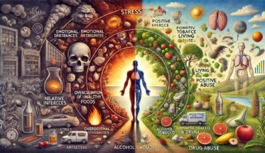 Here is the illustration representing various factors affecting lifespan. It shows the transition from unhealthy lifestyle choices and stress to balanced diet, positive emotions, and harmony with nature, symbolizing the journey towards a longer life.